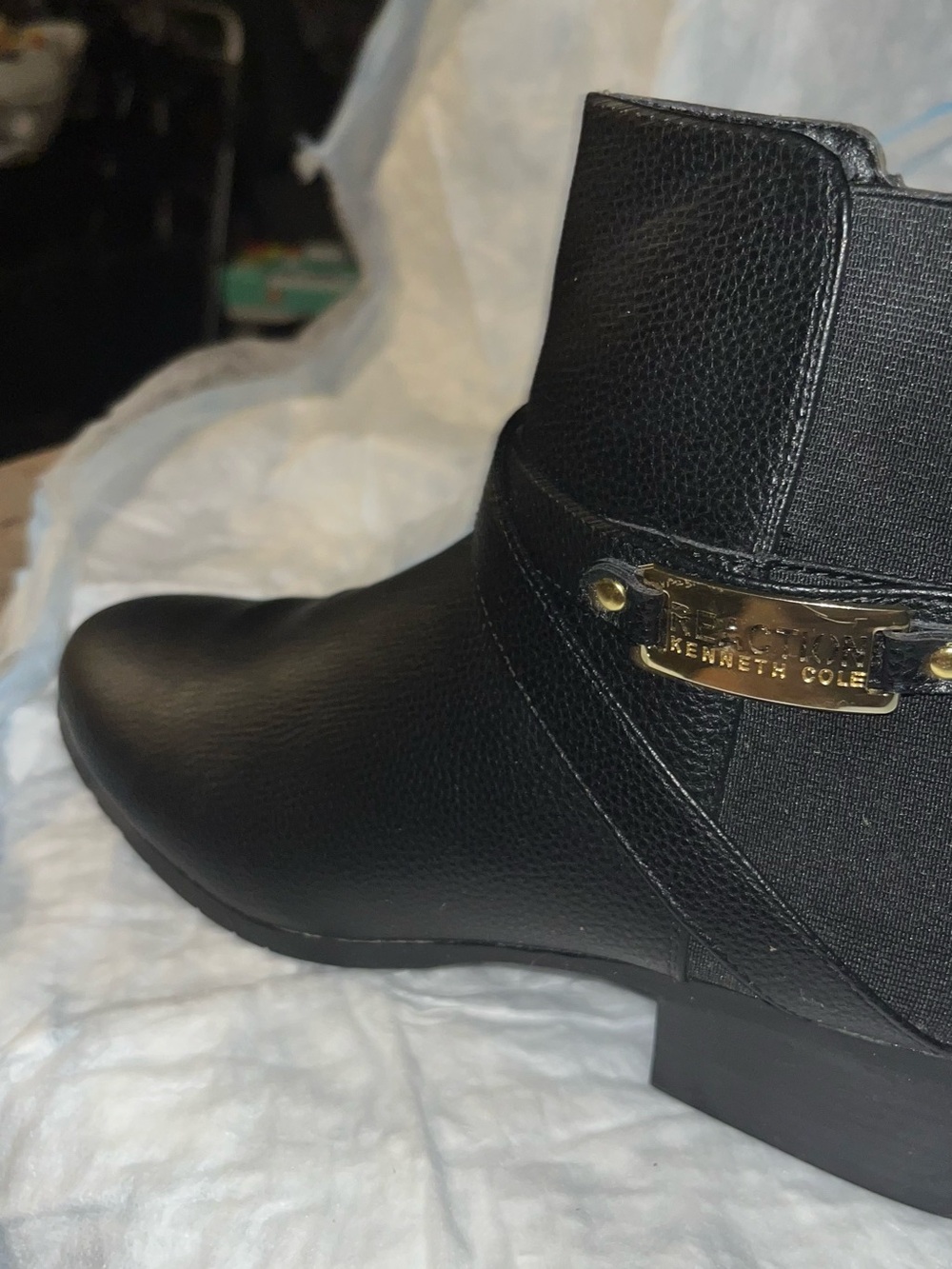 Kenneth Cole Reaction Black Faux Leather Ankle Booties with Gold Plaque Accent